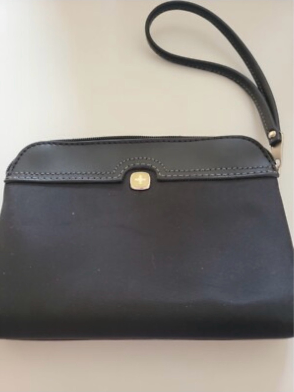 SwissGear Black Wristlet Clutch with Gold Accent & striped colorful interior